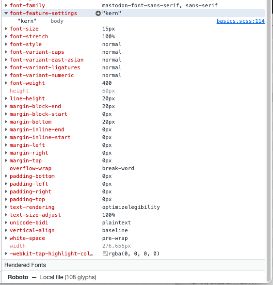 Screenshot of developer browser tools. Font-feature-settings is selected, at the bottom it identifies Roboto as the rendered font (from Local File)